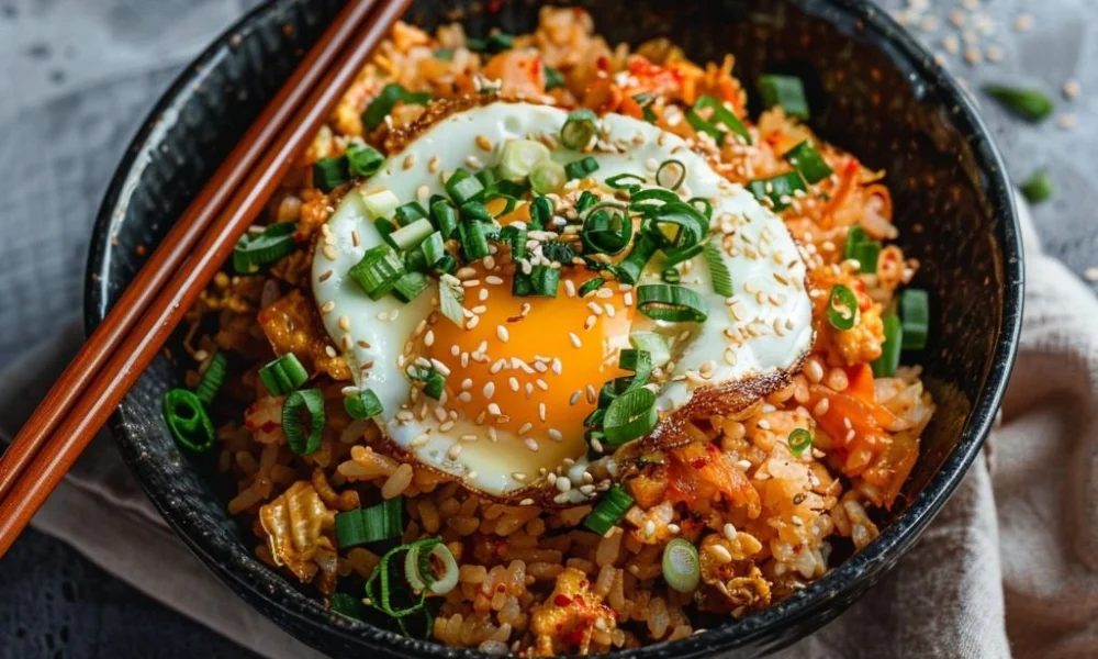 A close-up shot of a dark bowl filled with spicy kimchi fried rice, topped with a fried egg, chopped green onions, and toasted sesame seeds, served alongside chopsticks, perfect for testing out new Korean food reipes.