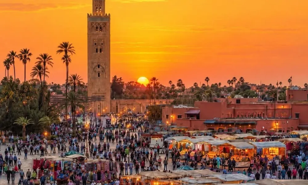 Historic Marrakech skyline with Koutoubia Mosque during sunset for Best Places to Visit in Spring.