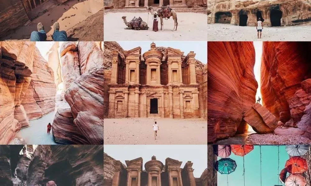 Grid collage showcasing historic desert monuments and canyon landscapes in Jordan for places to visit in 2027.