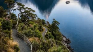 Picturesque coastal nature path and lake view in New Zealand for Best Places to Visit in New Zealand.