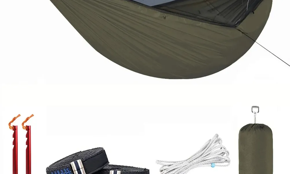 Best Camping Hammocks shown in an olive green setup with an integrated bug net alongside included tree straps, guy lines, ground stakes, and a stuff sack.