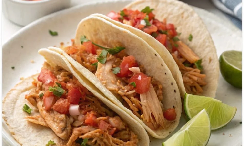 Three soft flour tortillas filled with shredded chicken, fresh pico de gallo, chopped cilantro, and lime wedges, perfect for simple mexican dinner recipes. 