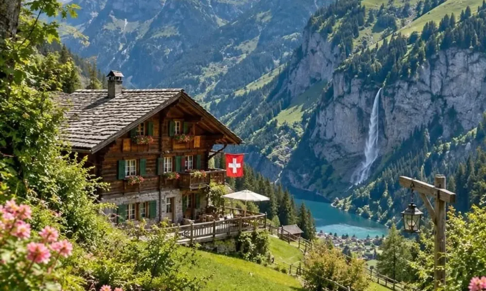 Scenic mountain chalet and waterfall landscape in the Swiss Alps for Best Places to Visit in Spring.