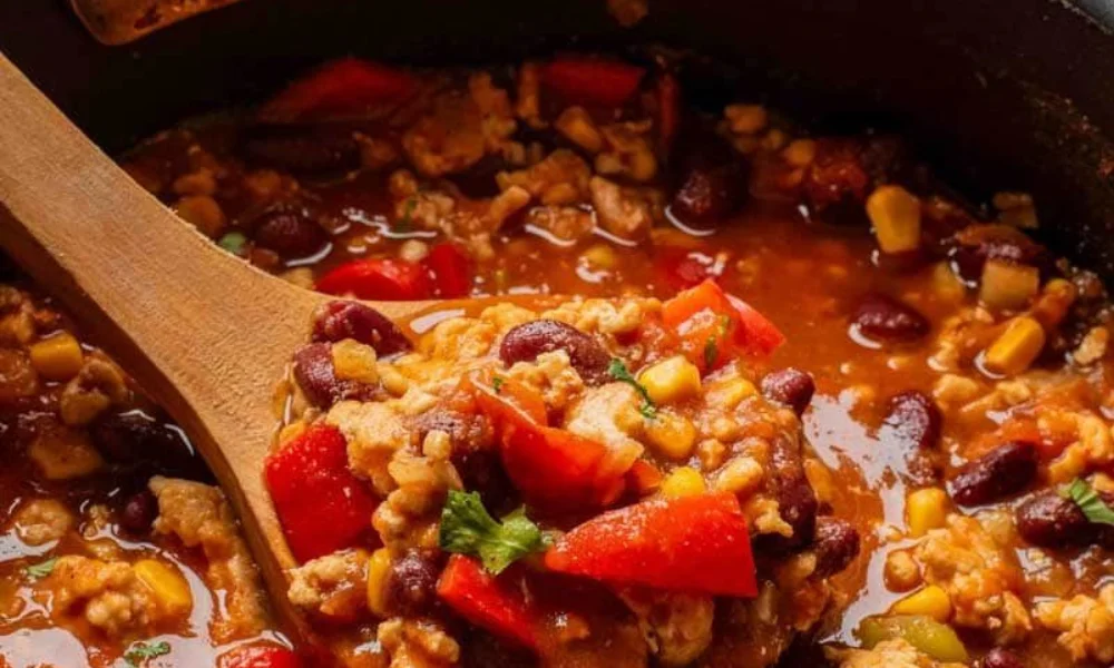 A wooden spoon scooping up a warm ladle of turkey chili rich with kidney beans, corn, red bell peppers, and minced meat in a savory tomato broth, great for cozy fall dinner recipes.