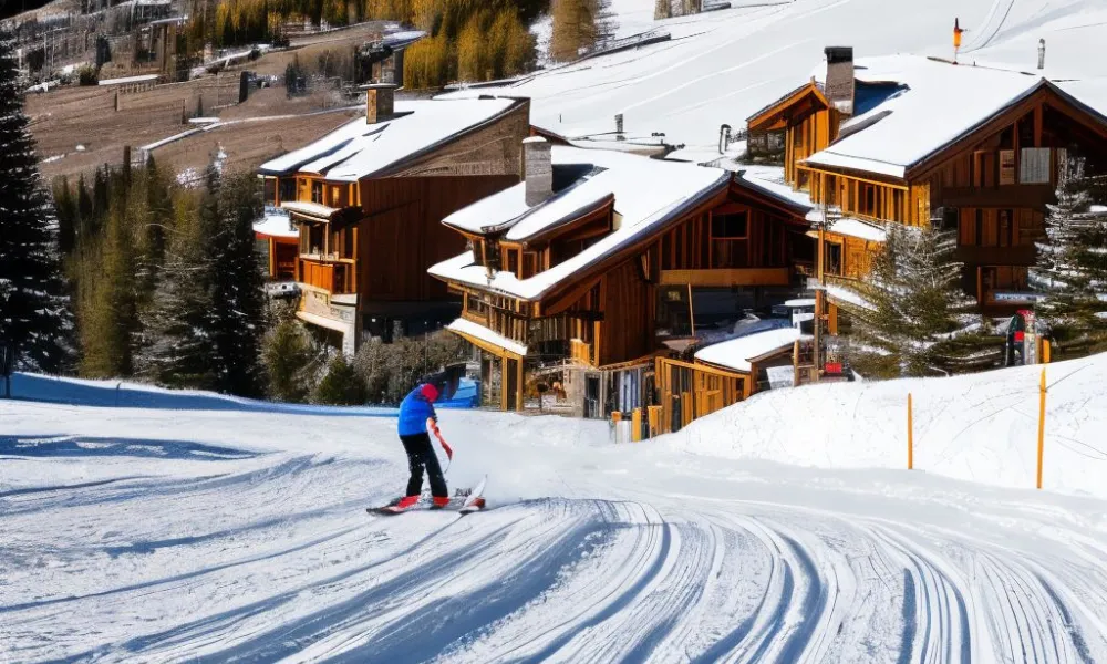 Best Ski Resorts in Colorado features a skier gliding down a groomed slope past alpine chalets with expansive mountain vistas in Vail.