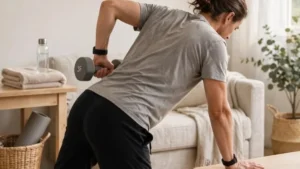 Home dumbbell row strength exercise for Best Workout Routines for Beginners.