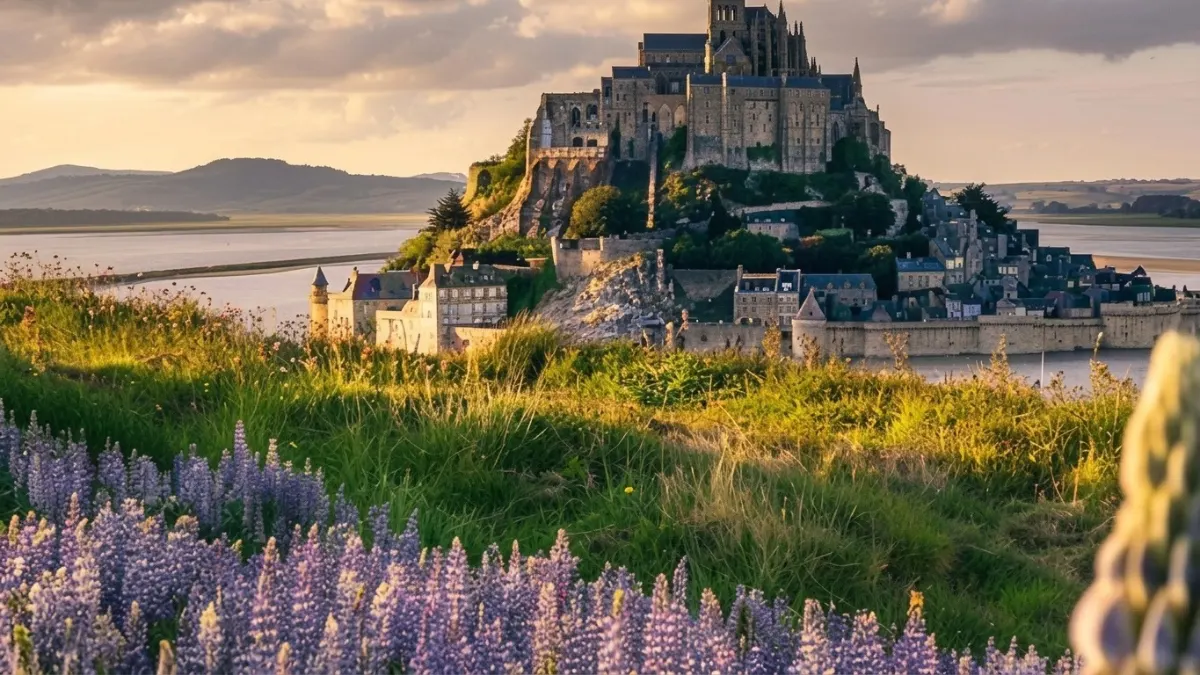 Scenic view of Mont-Saint-Michel in France during blooming season for Best Places to Visit in Spring.
