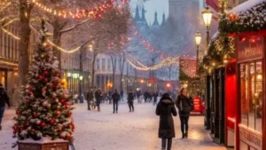 Charming winter town with festive holiday decorations for December Vacation Destinations.
