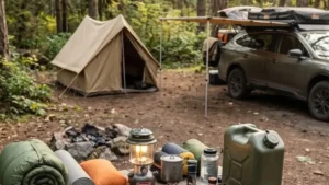 Comprehensive outdoor camping gear and tent campsite setup for Best camping gear checklist 2026.