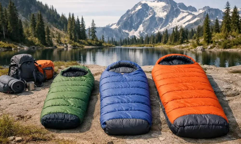 Camping sleeping bags and hiking gear near a mountain lake for Best camping gear checklist 2026.