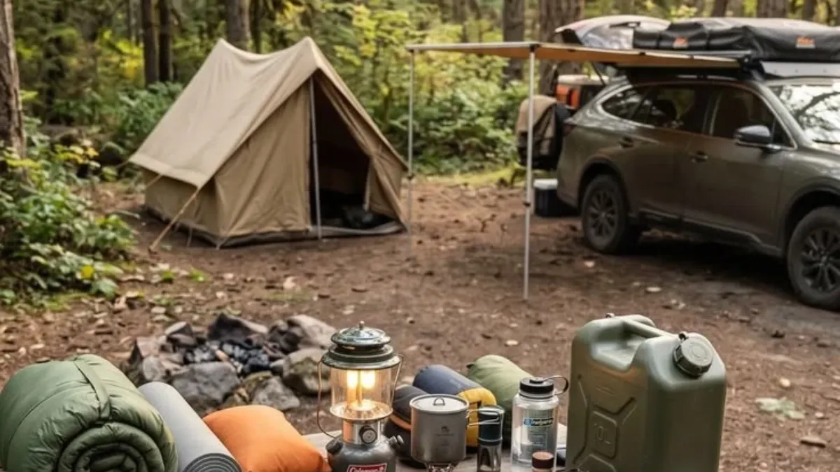Comprehensive outdoor camping gear and tent campsite setup for Best camping gear checklist 2026.