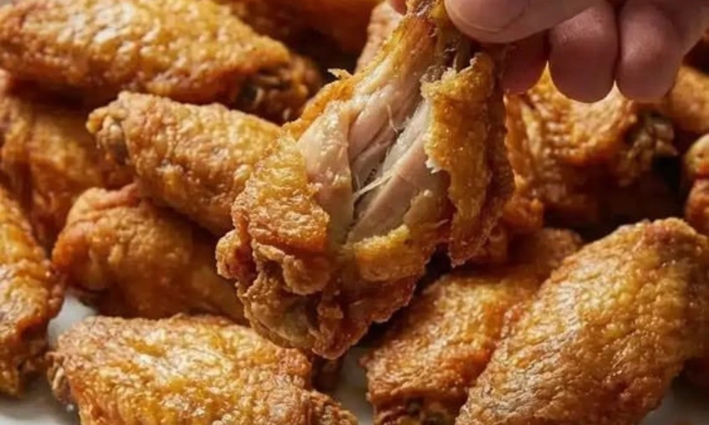 A hand pulling apart a juicy, crispy fried chicken wing from a pile of wings, perfect as a classic game day food dish.