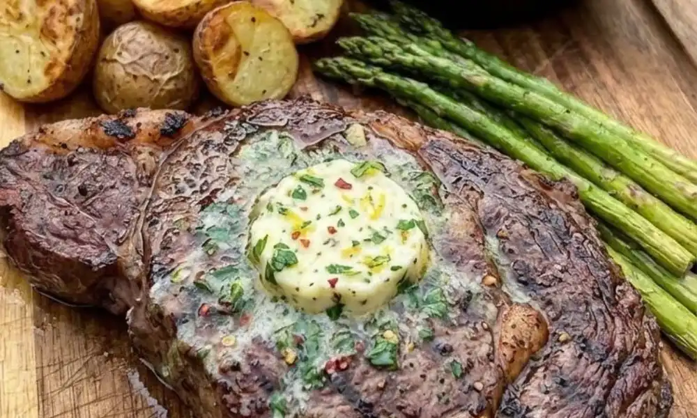 Grilled cowboy steak topped with garlic herb butter and grilled asparagus. 