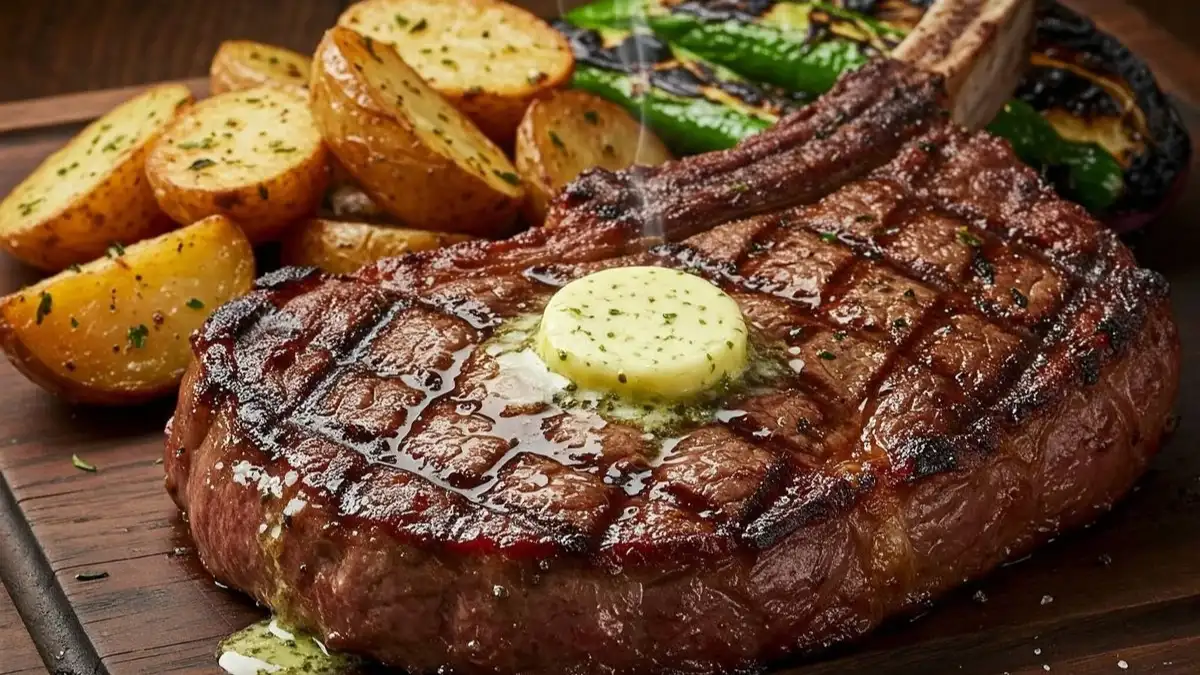 Perfectly seared thick-cut cowboy steak topped with garlic herb butter.