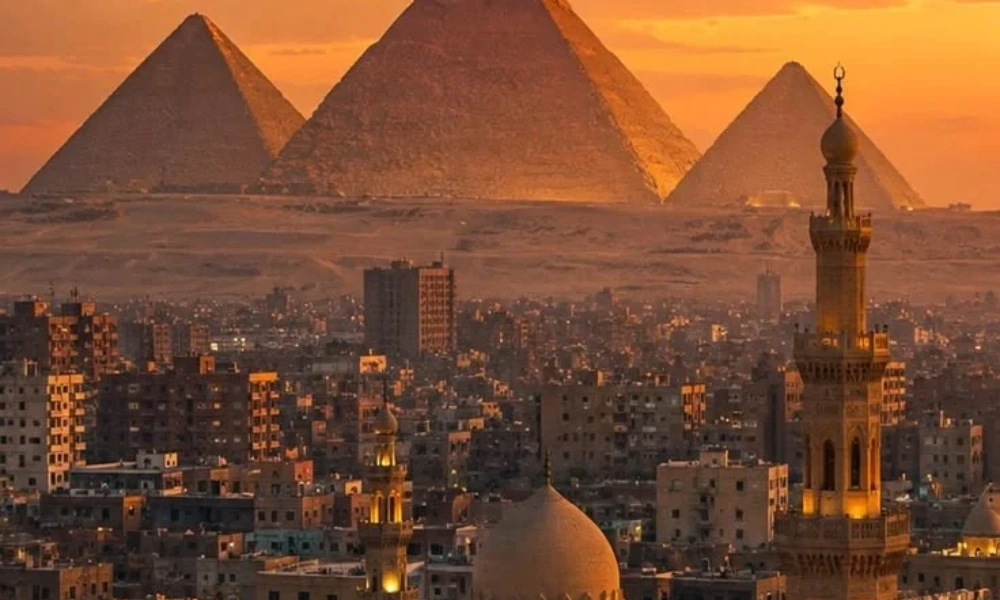 Iconic view of the Pyramids of Giza in Cairo Egypt for December Vacation Destinations.