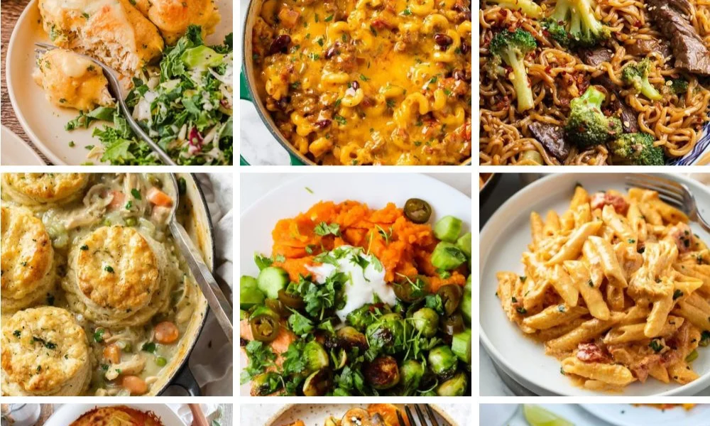A grid collage featuring a variety of comforting autumn meals including cheesy pasta skillets, beef and broccoli stir-fry, chicken pot pie topped with biscuits, and creamy penne pasta, perfect for inspiring easy fall dinner recipes.