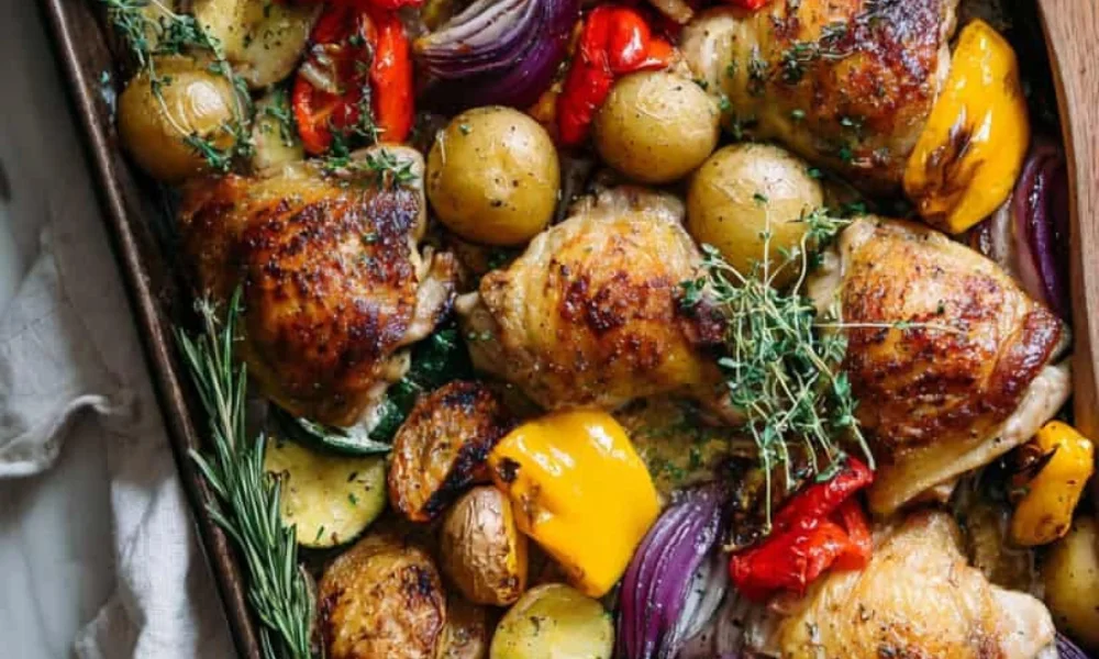 A baking sheet filled with crispy golden-brown roasted chicken thighs, baby potatoes, red and yellow bell peppers, red onions, zucchini, and fresh rosemary sprigs, perfect for cozy fall dinner recipes.