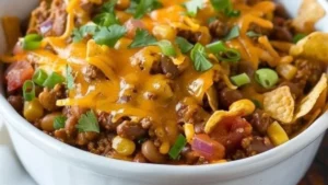 White bowl filled with beef chili, melted cheddar cheese, corn chips, and fresh cilantro, featured in top frito pie recipes.