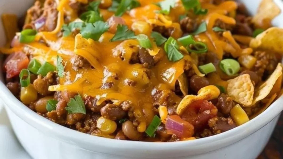 White bowl filled with beef chili, melted cheddar cheese, corn chips, and fresh cilantro, featured in top frito pie recipes.