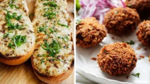Garlic bread halves topped with melted cheese and fresh herbs paired with crispy fried meatballs as delicious game day food options.