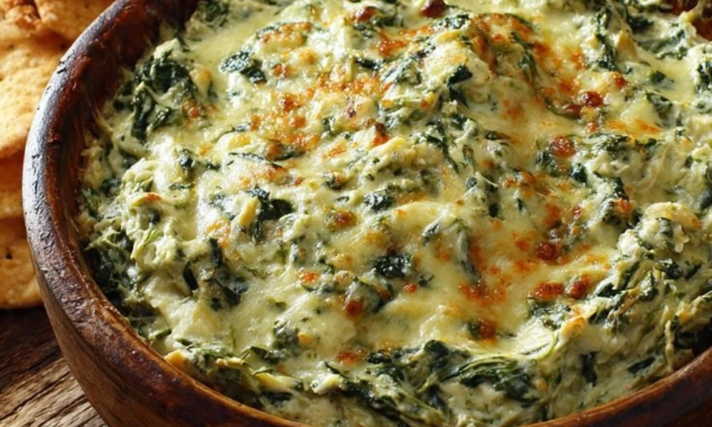 Warm, creamy spinach and artichoke dip topped with melted cheese in a wooden bowl, served with crackers as a delicious game day food appetizer.