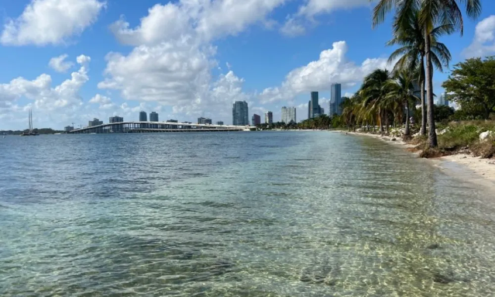 beach shoreline and Miami skyline view for Best Beaches in Miami.