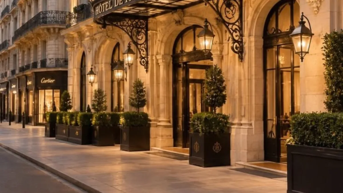 Luxury boutique hotel lounge interior with glass roof for Best Hotels in Paris.