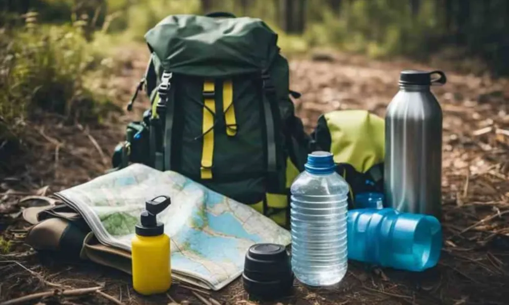 Camping backpack and hydration gear laid out on forest trail for Best camping gear checklist 2026.