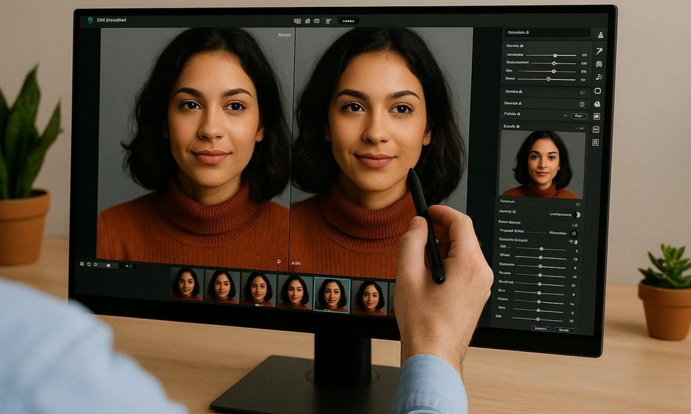 Photographer comparing original and edited photos.