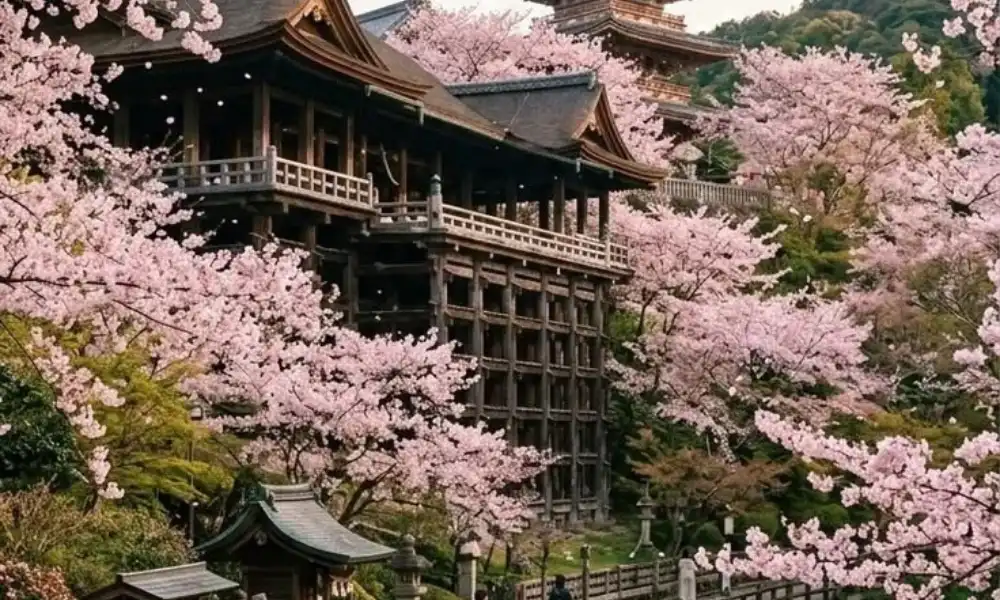 Historic Japanese temple with cherry blossoms in full bloom for Best Places to Visit in Spring.