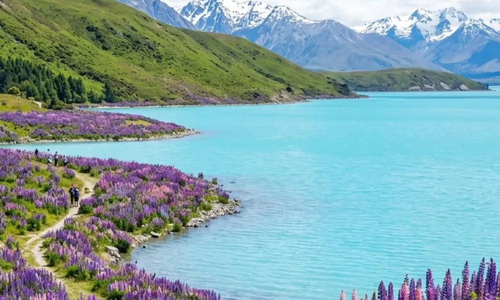 Scenic mountain and turquoise lake view at Lake Tekapo for Best Places to Visit in New Zealand.