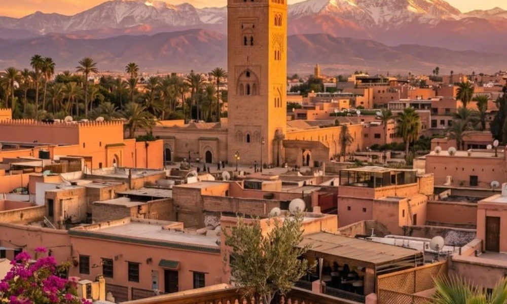 Scenic view of Marrakech skyline in Morocco for December Vacation Destinations.