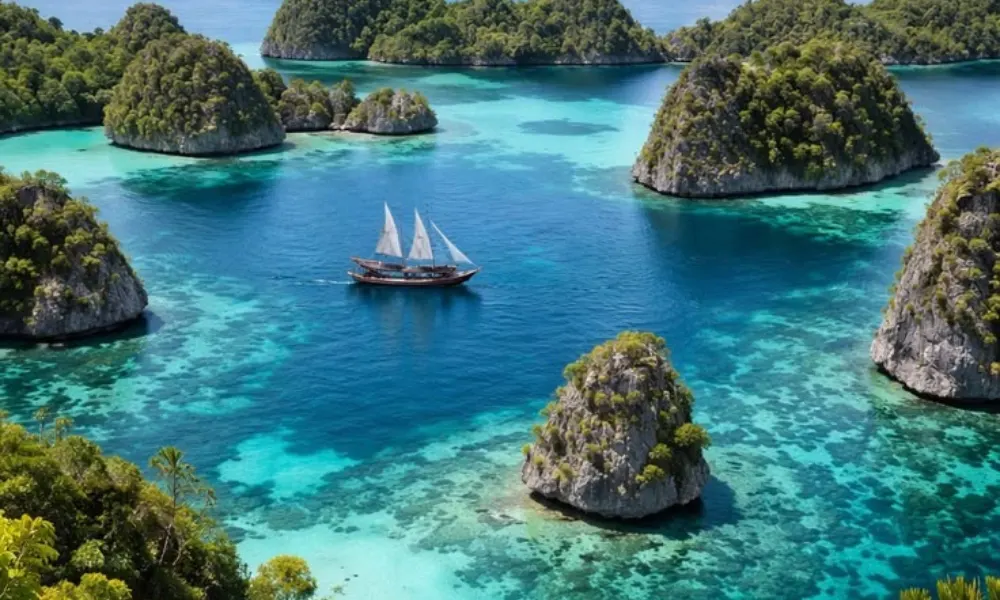 Sailboat cruising surrounded by emerald tropical islands and clear waters for places to visit in 2027.