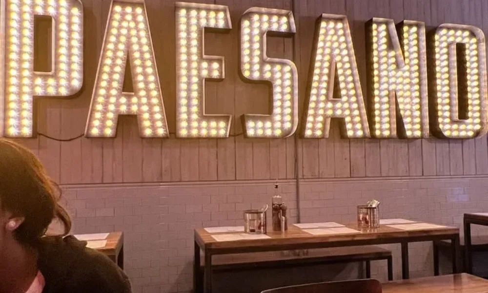 Bright marquee sign inside an Italian eatery for best restaurants in Seneca.