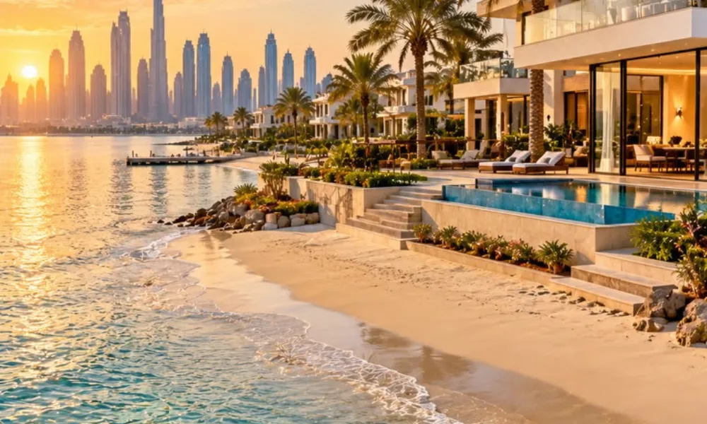 5 must visit places in Dubai highlights luxury beachfront villas along Palm Jumeirah with sunset views of the iconic Dubai skyline and Burj Khalifa.
