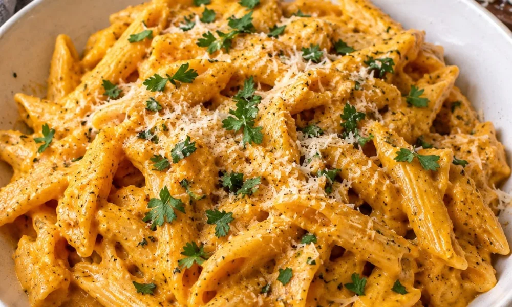 A close-up view of penne pasta tossed in a rich, creamy orange pumpkin sauce, garnished with freshly grated Parmesan cheese, cracked black pepper, and chopped parsley—a comforting idea for warm fall dinner recipes.