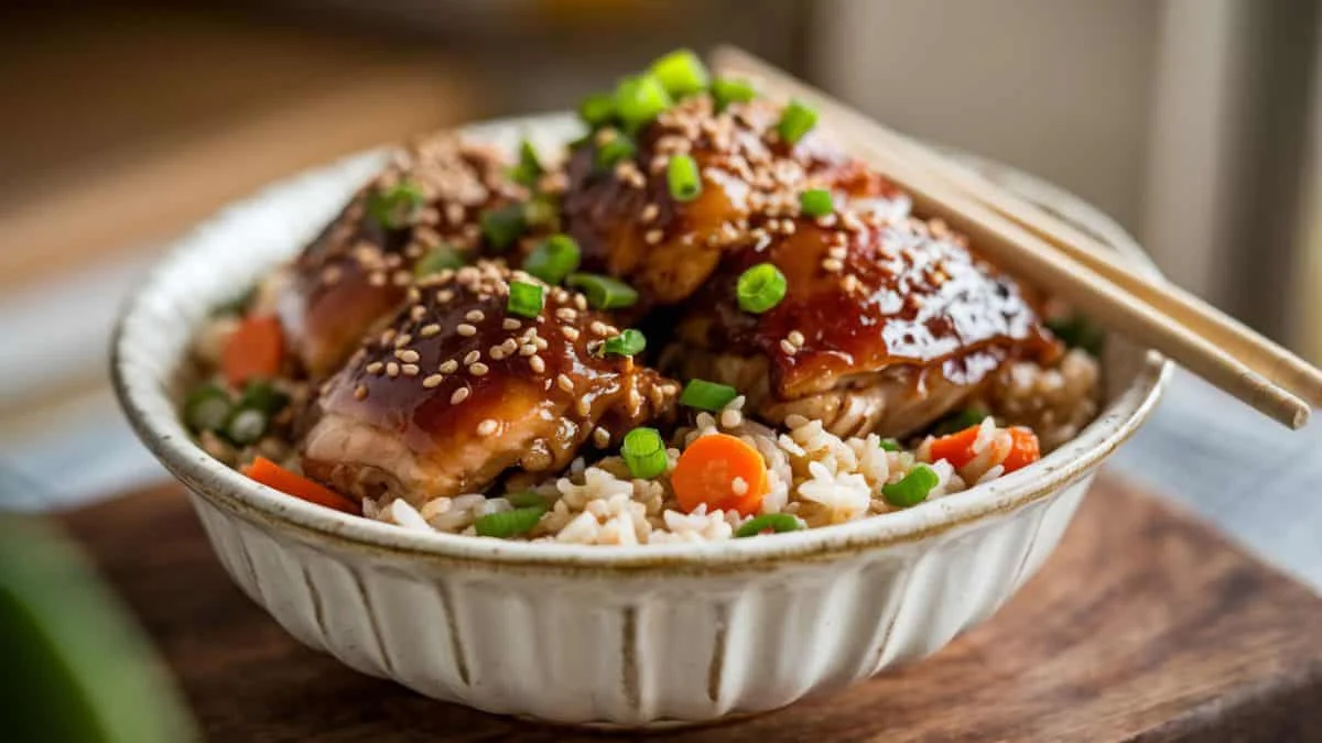 Glazed teriyaki chicken served over rice with carrots, sprinkled with sesame seeds and green onions in a ceramic bowl with chopsticks rests on the side.