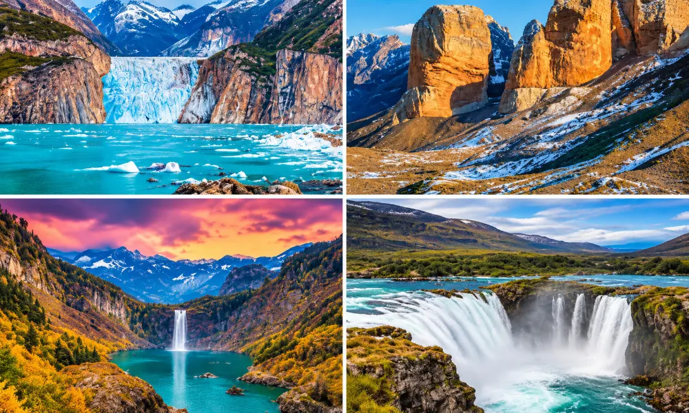 Grid collage showcasing stunning South American landscapes and waterfalls for places to visit in 2027.