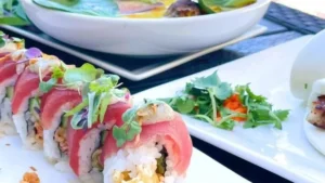 Gourmet specialty sushi roll served in a top local spot for best restaurants in Seneca.