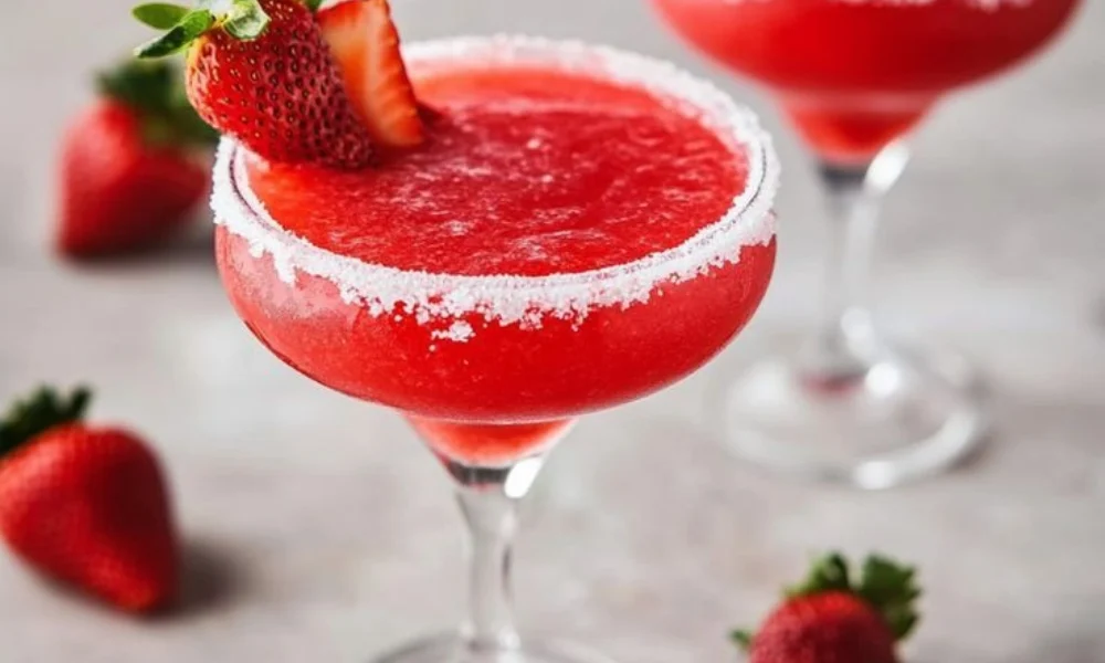 Red frozen strawberry margarita with a sugar rim for perfect margarita recipes. 