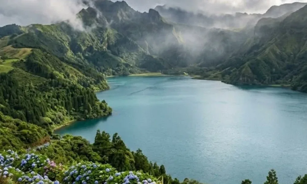 Scenic volcanic lake view in The Azores, Portugal for Best Places to Visit in Spring. 