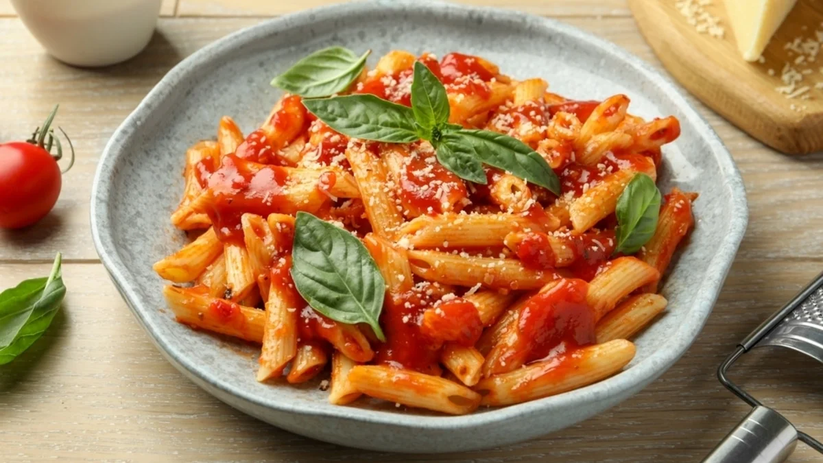 A shallow grey bowl filled with penne pasta tossed in tomato sauce-One Pot Dinner Recipes