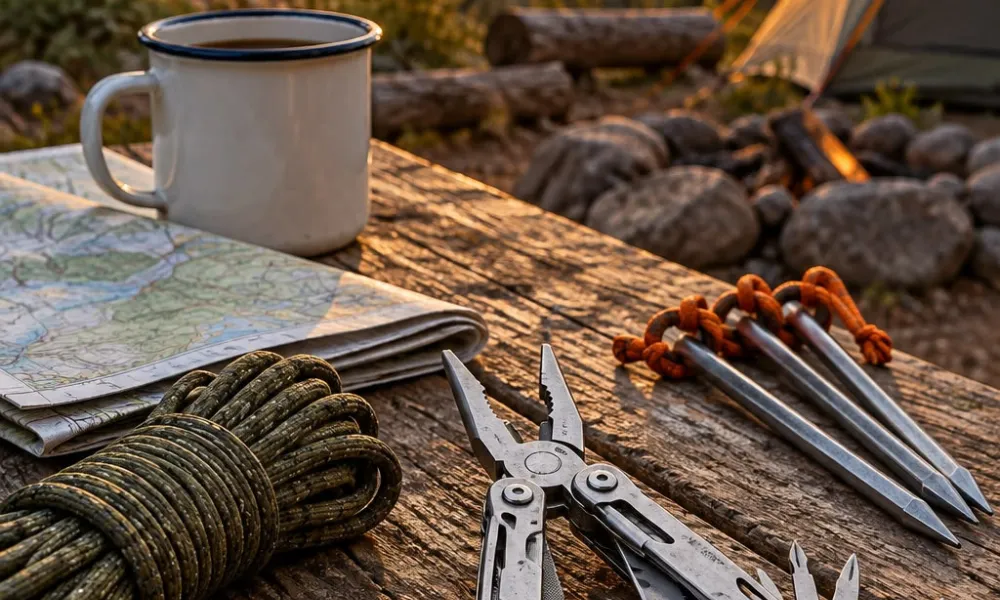 Camping multitool pliers and tent stakes setup for Best camping gear checklist 2026.