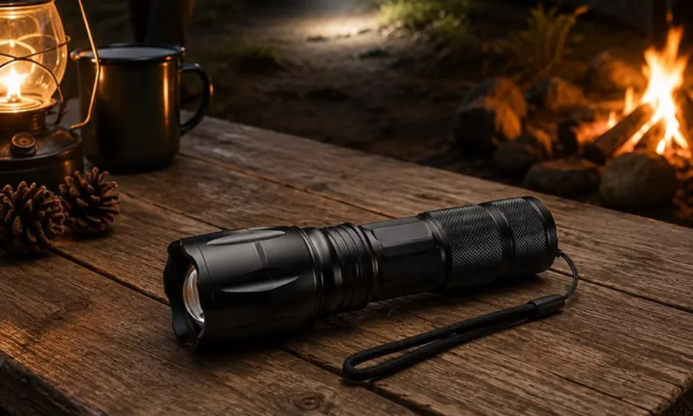Camping flashlight and lantern lighting gear on a wooden table for Best camping gear checklist 2026.