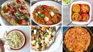 Six-panel grid displaying various Trader Joe's dishes, including flatbread pizza, caprese orzo pasta, stuffed bell peppers, creamy soup, gnocchi with vegetables, and chicken fried rice.
