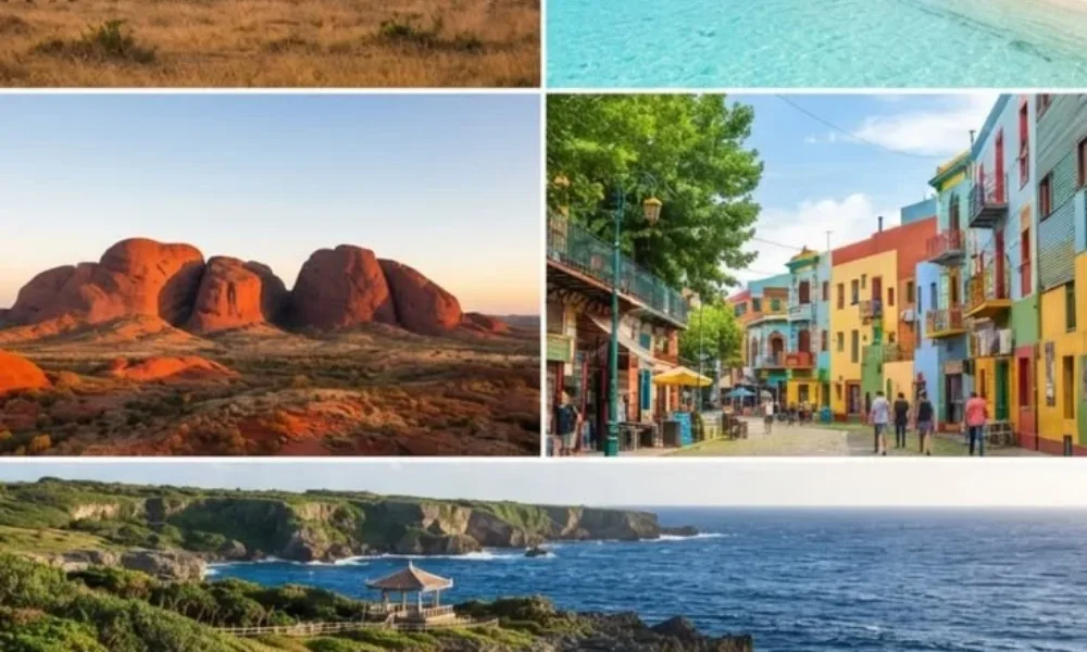 Collage of unforgettable global travel destinations and landscapes for places to visit in 2027.